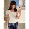 U-Neck Bow Embroidered Red Short Sleeve T-Shirt Women's Slim Short Sweet and Spicy Shoulder Top