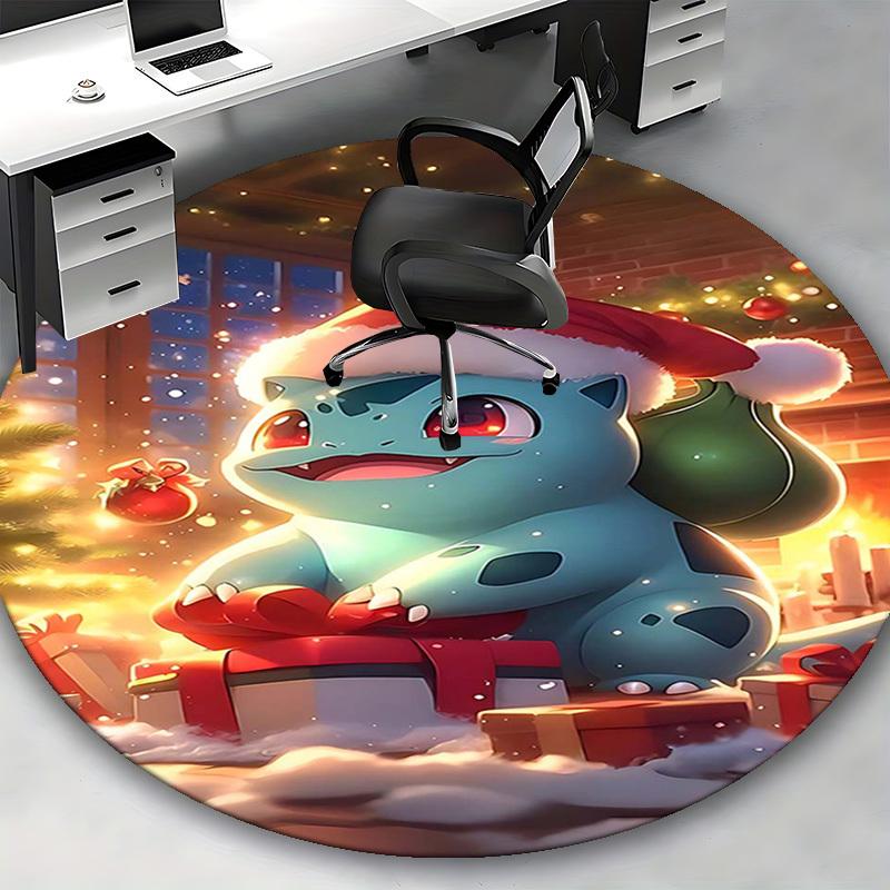 1pc Christmas Santa Cap Bulbasaur Anime Design Round Carpet - Office Chair Mat, Non-Slip Rug for Home Decor, Living Room