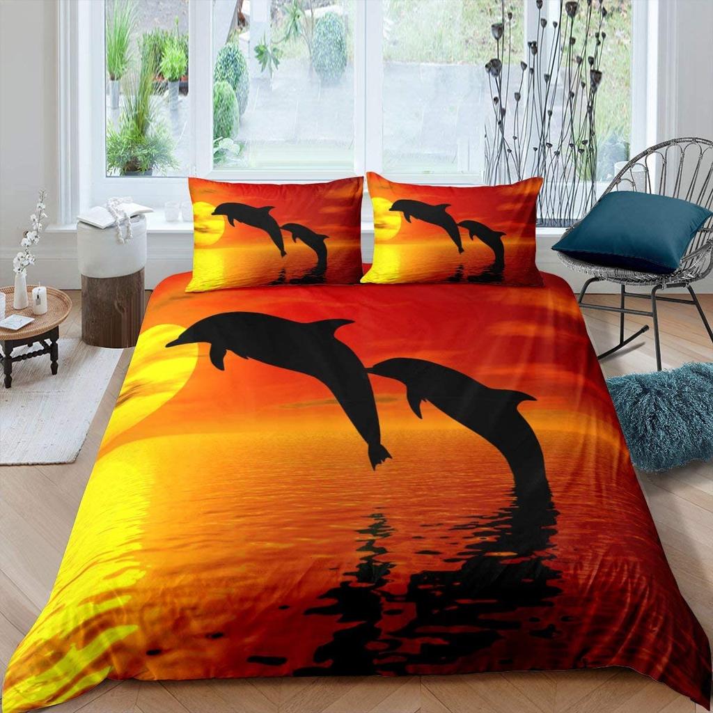 Dolphin Duvet Cover Set Cute Kawaii Wild Animals King Queen Full Size Polyester Bedding For Kids Boys Girls
