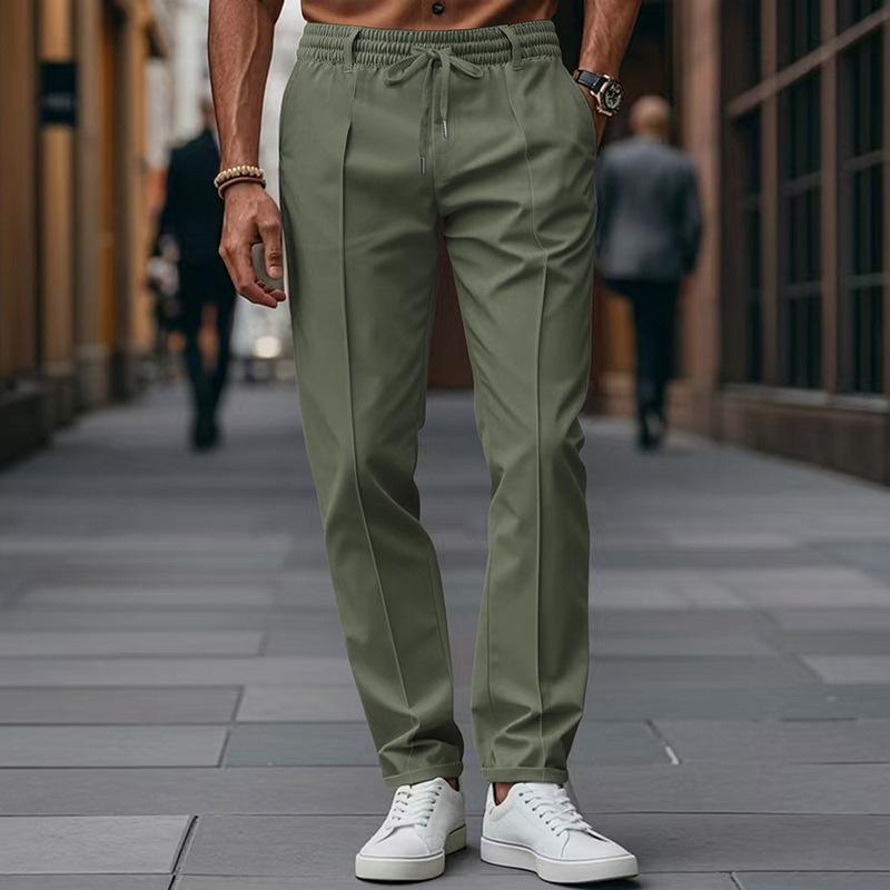 American Style Men's Casual Slim Fit Tapered Pants - Autumn/Winter Solid Color with Drawstring