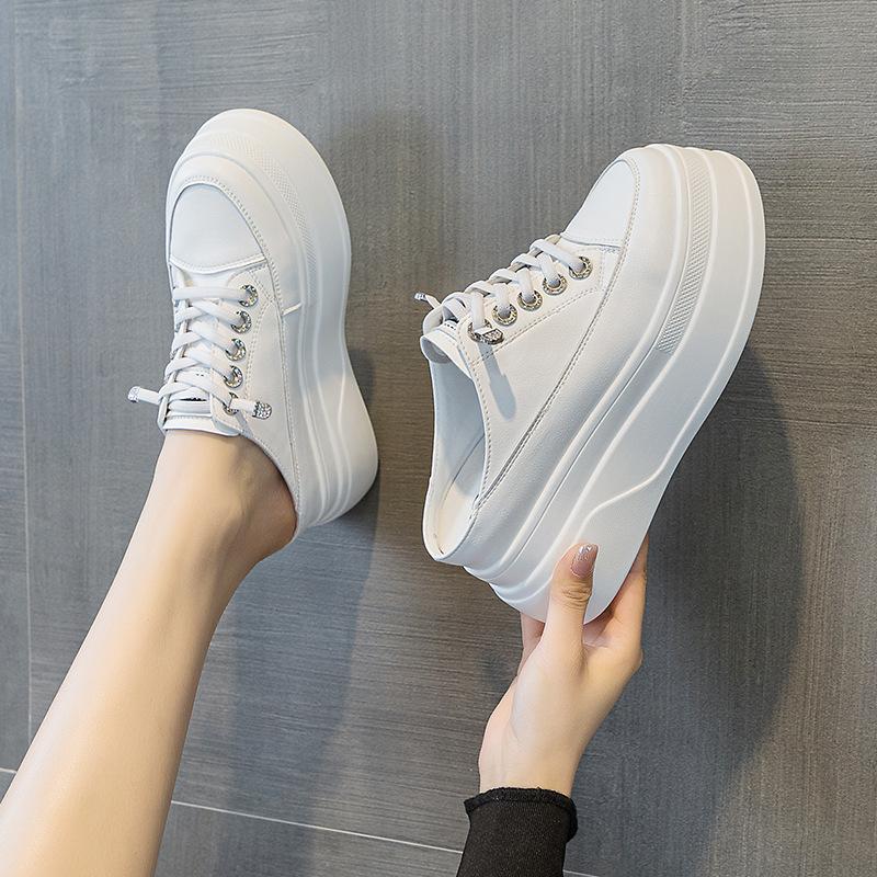 Meias-Pantufas Couro Genuíno Sapatos Casuais Femininos Plataforma Pantufas Femininas Cadarço Sapato Salto Branco Cano Baixo Calçado Feminino