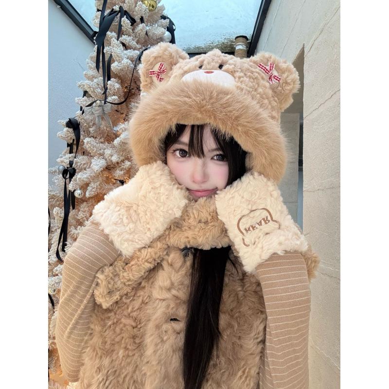

2025 new cute bear hat scarf integrated women s plush pullover hat thickened warm scarf protection One size fits all хакі