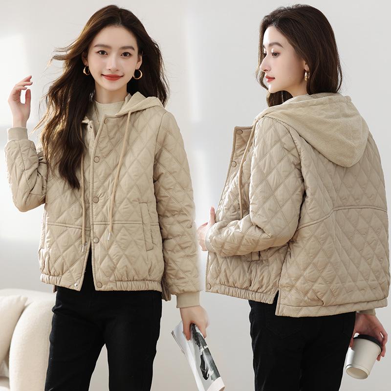 Jachetă de iarnă stil coreean argyle - Casual, ușoară, cu glugă și care subțiază.