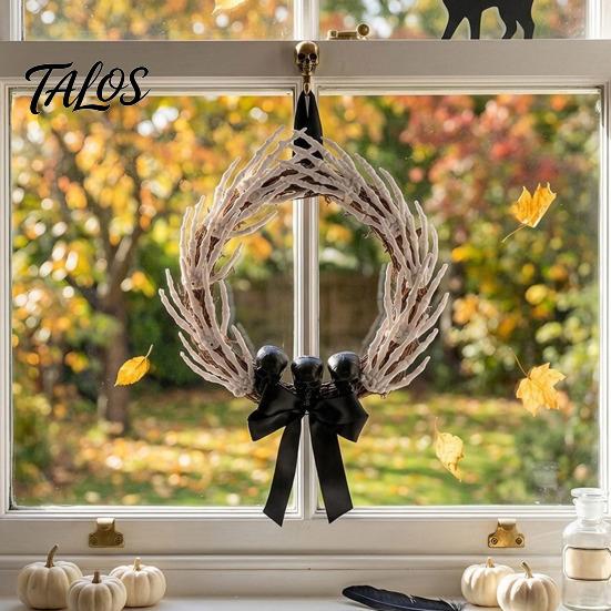 Bone Rattan Decoration Halloween Skeleton Hand Wreath for Front Door, Gothic Spooky Hanging Garland Scary Door Decor with Black Bow And Skulls