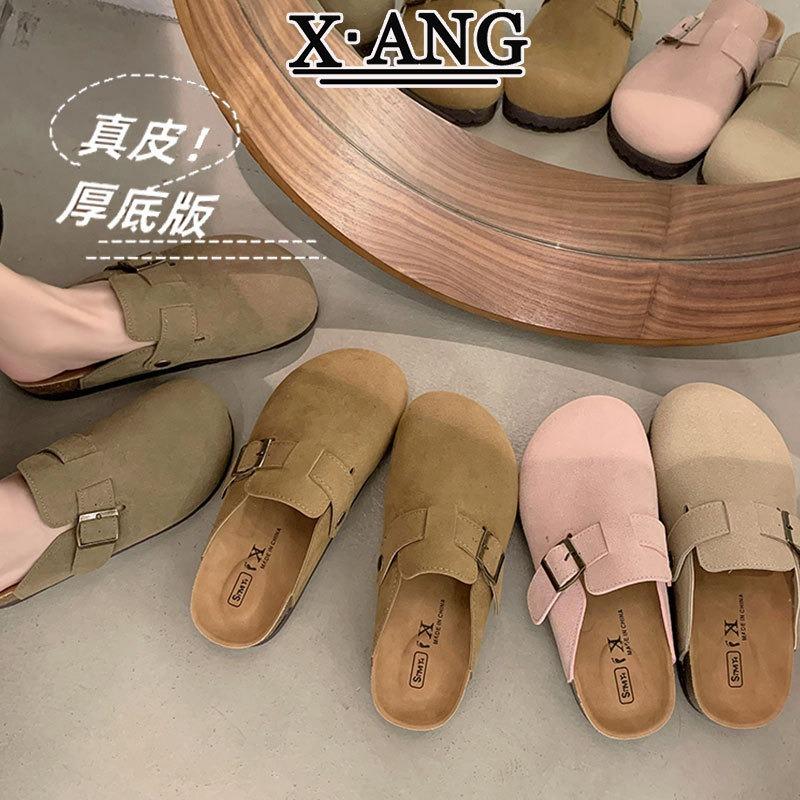 Leather cork bottom children's baotou half slippers outside wear spring and summer new one-pedal lazy shoes