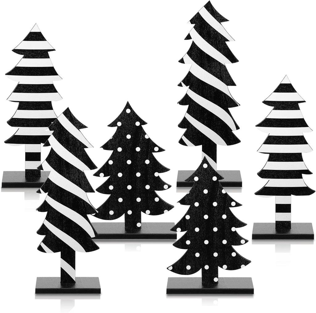 3 Pcs Wooden Christmas Tree Tabletop Decor, Black & White Freestanding Handmade Xmas Centerpiece for Home Party