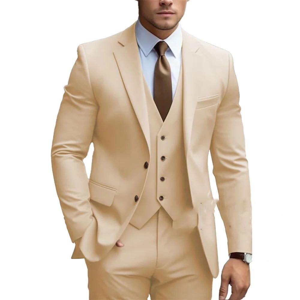 New Men's Suits Formal Outfits 3 Pcs Elegant Single Breasted Notch Lapel Formal Blazer Slim Fit Costume (Jacket + Vest + Pants)