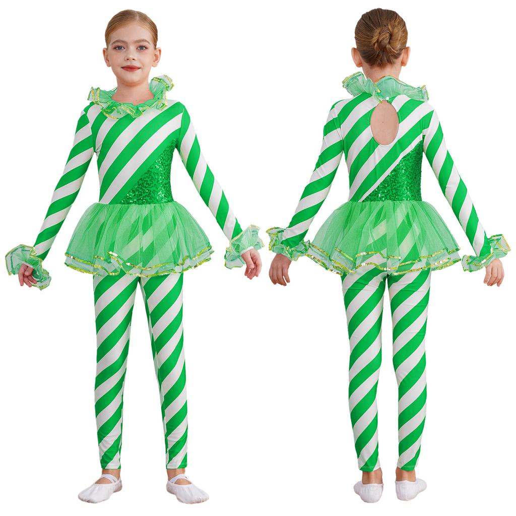 Girls Christmas Dance Jumpsuit Striped Leotard with Sequins Mesh Patchwork Round Neck Long Sleeve