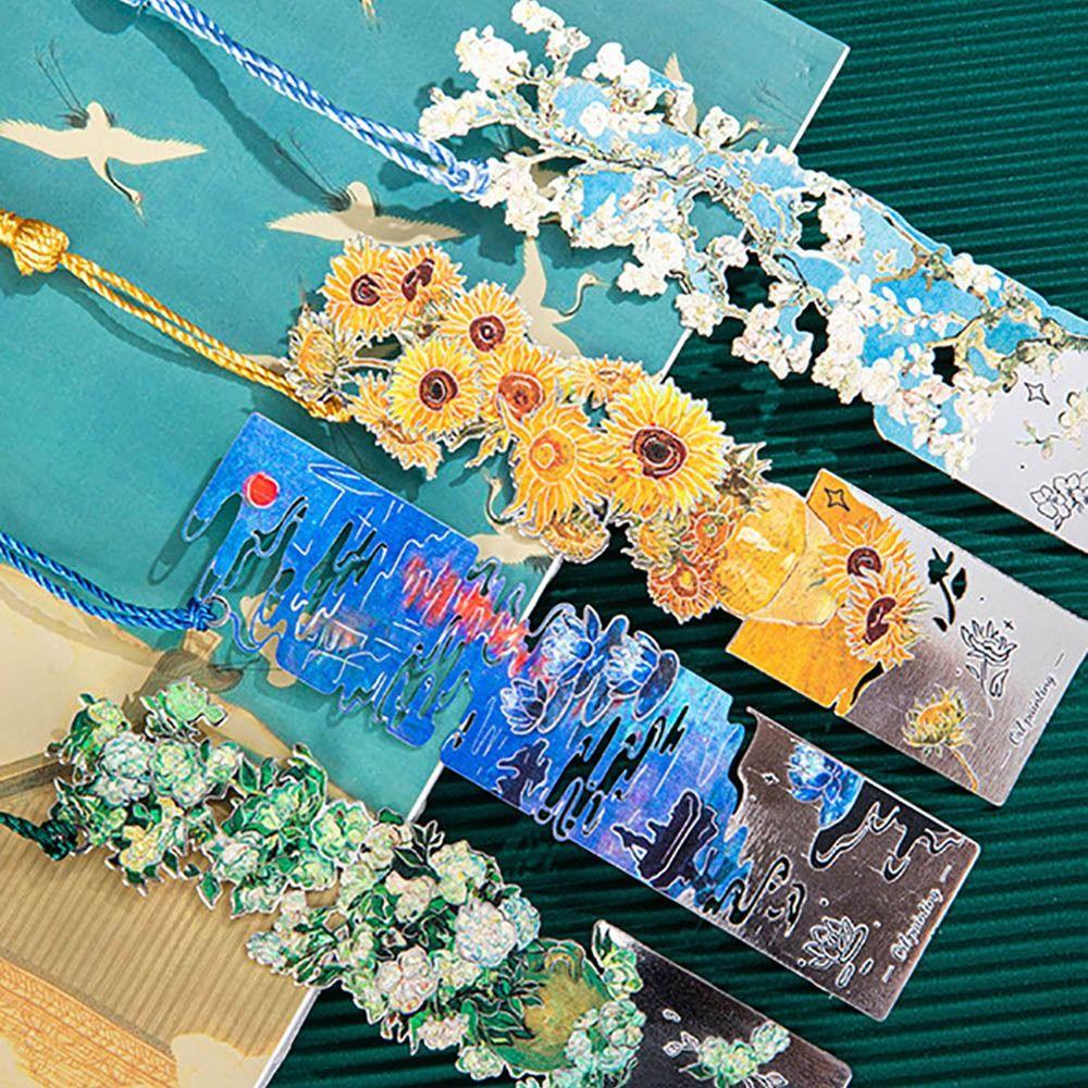Tassel Pendant Metal Bookmark Metal Floral Painting Bookmark  School Office Supplies