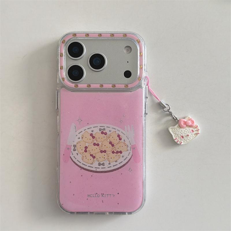 Matching Hello Kitty Charm Wrist Strap Pink Glitter Cookie Print Phone Case For iPhone 14 15 16 17 Pro Max INS Cute Shockproof C