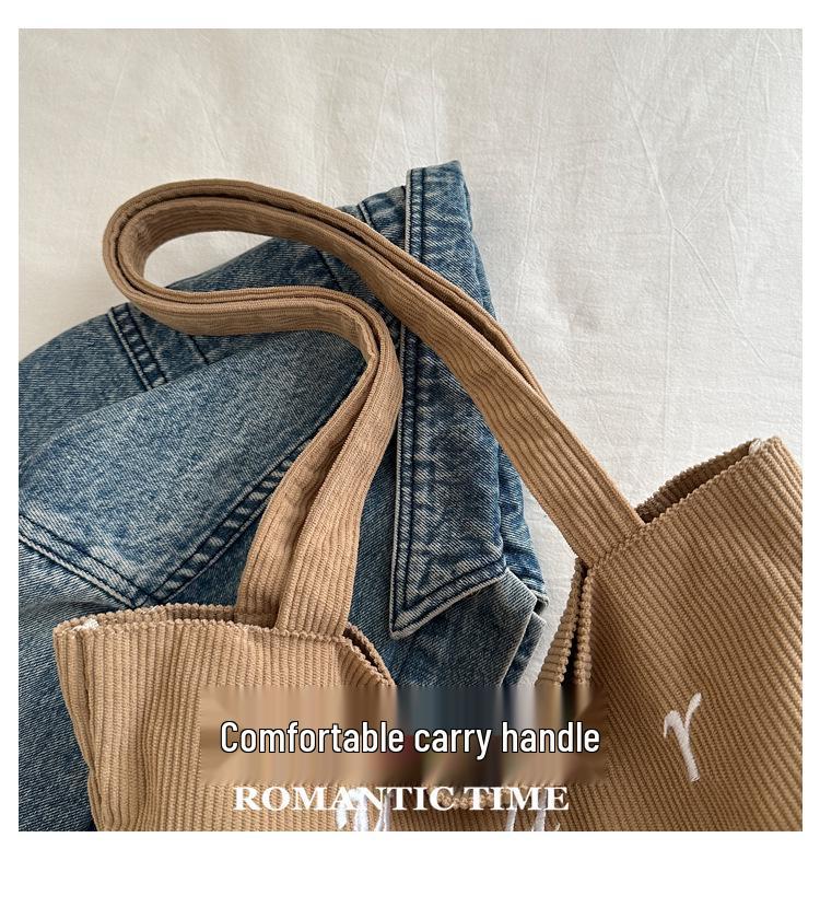 Korean Corduroy Embroidered Tote Bag for Students - Artistic Autumn/Winter Design
