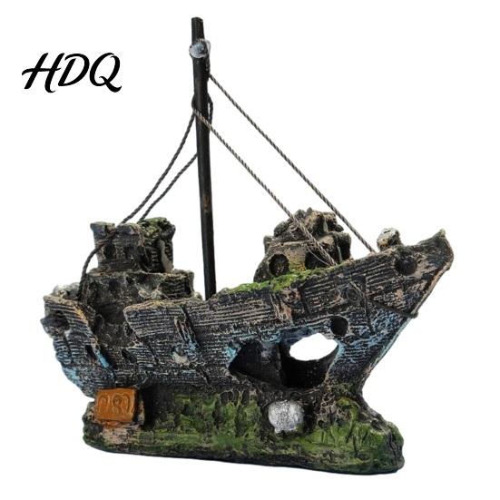 Tank Decoration Aquarium Ornament Solid Resin Sunken Ship with Hollow Holes Durable