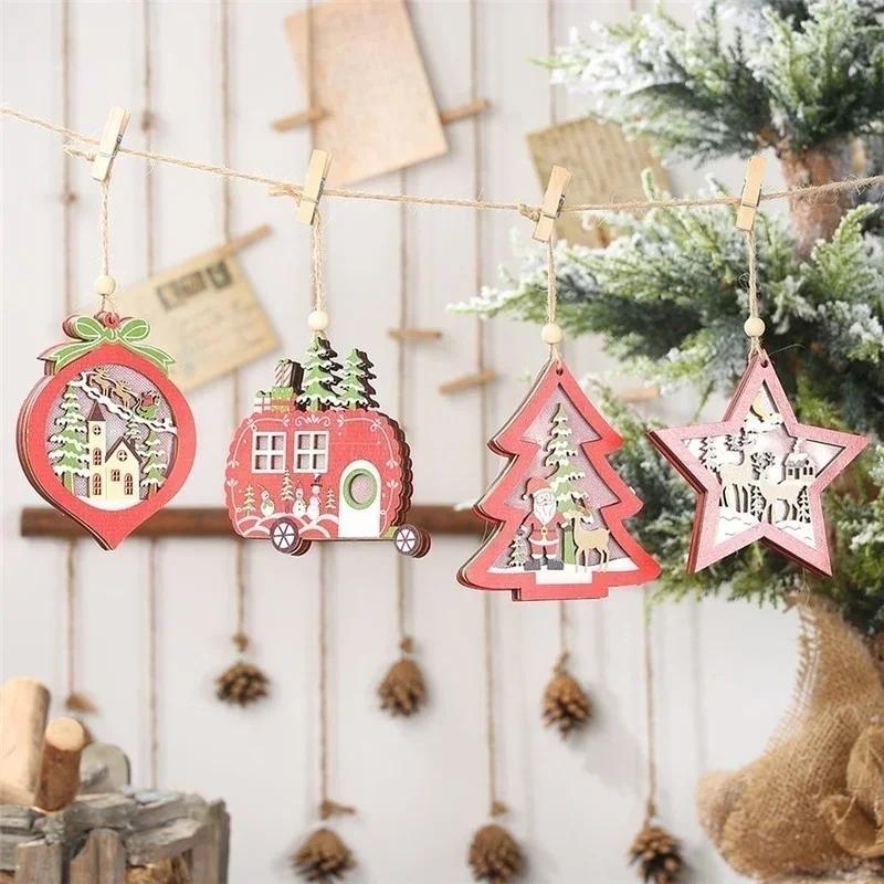 Christmas LED Light Tree Star Car Wooden Pendants Ornaments Xmas DIY Wood Crafts Kids Gift Festival Party Supplies