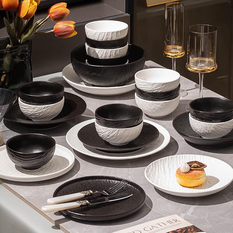 Stone Pattern Black & White Ceramic Dinnerware Set