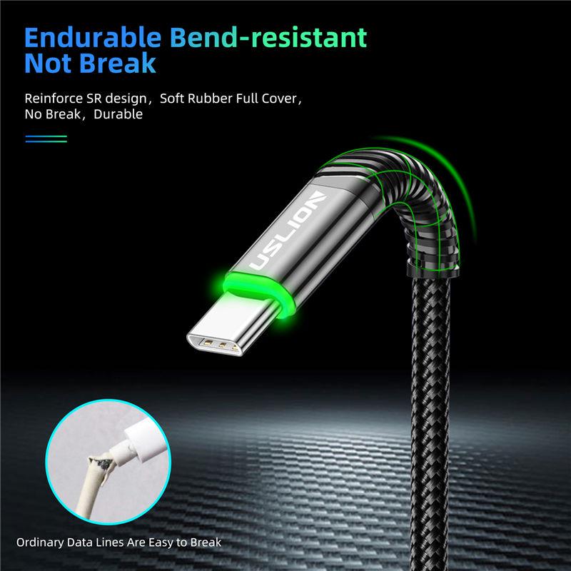 USLION 2M LED 3A USB TypeC Kabel Schnellladekabel Typ-C Handy USB C USB-C Kabel Ladegerät Kabel