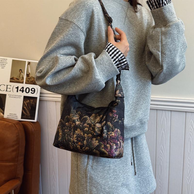 Yogodlns Retro Embroidery Crossbody Bags Adjustable Shoulder Straps Fashion Bucket Purses Small Satin Handbag