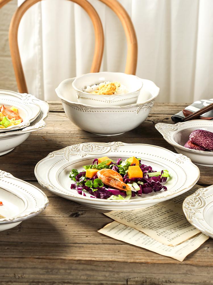 Household ceramic relief deep plate, soup plate, European-style steamed dishes, round large plate rice bowl soup bowl flat plate