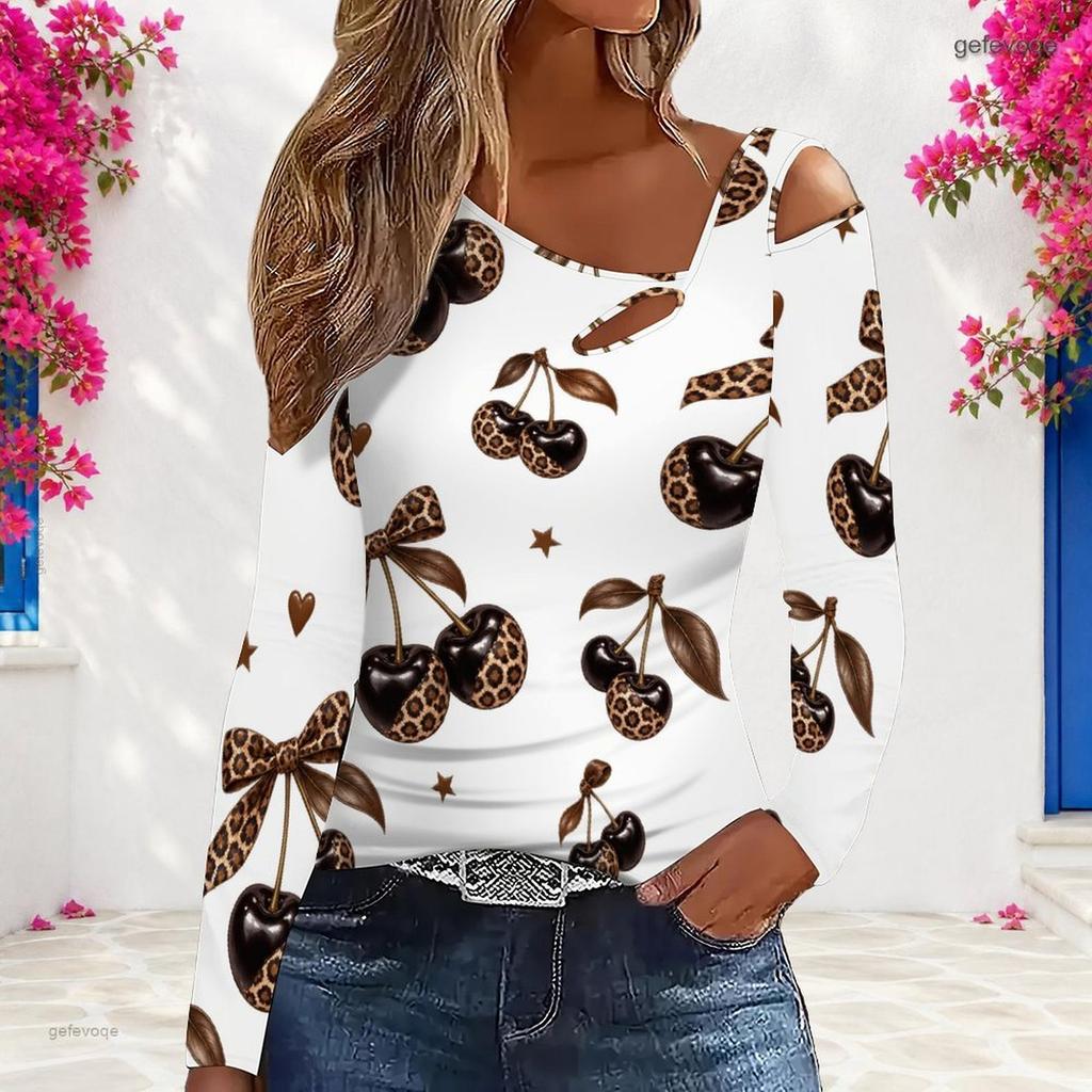 Women Plus Size Asymmetric Cutout Neck Cold Shoulder Long Sleeve White Leopard Belt Heart Star Printed Fitted Top