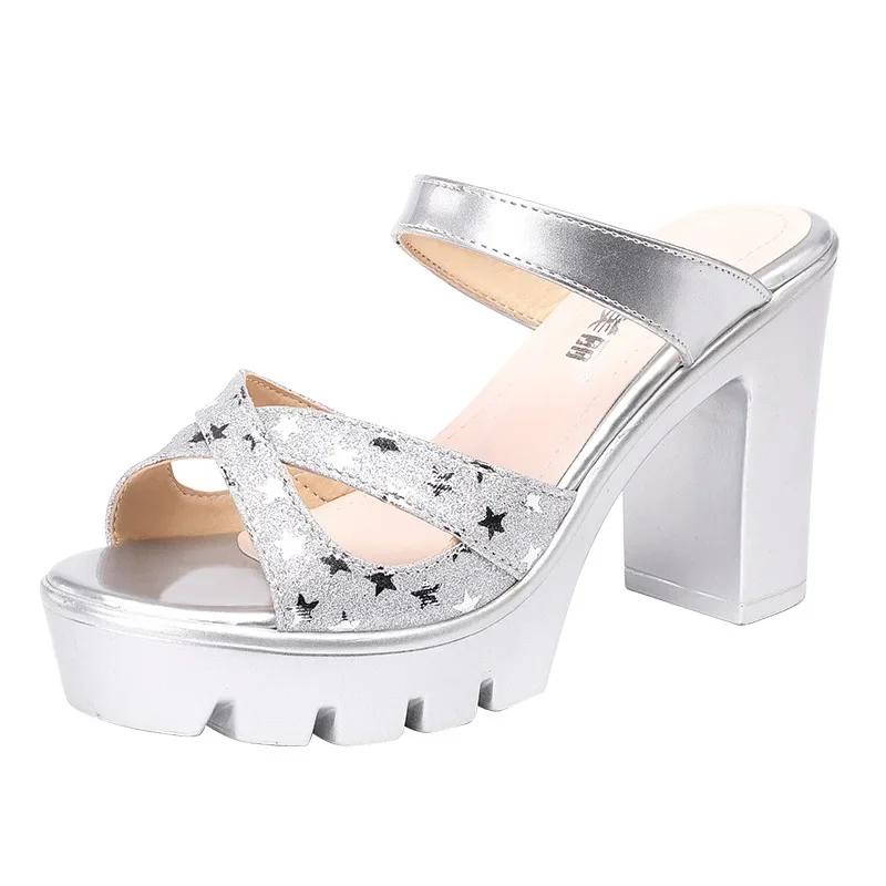 10cm Small Big Size 32-43 Elegant Platform Shoes Star Bling Slippers 2025 Summer Womens Block High Heels Slides for Office Party