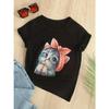 Girls Cat with Bow Print Short Sleeve T ShirtLoose Crew Neck Tees Kids Lothes Summer