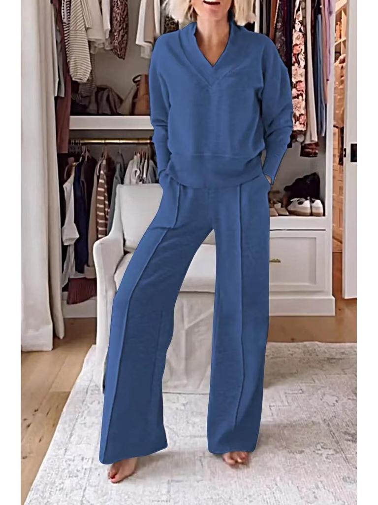 2025 Autumn/Winter V-neck Long Sleeve Loose Solid Color Women's Fashion Casual Pants Set