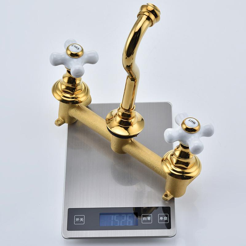 Classical Basin Faucets Gold Bathroom Sink Faucets Hot Cold Wall Mounted Ceramic Handle Mixer Water Tap Top High Quality