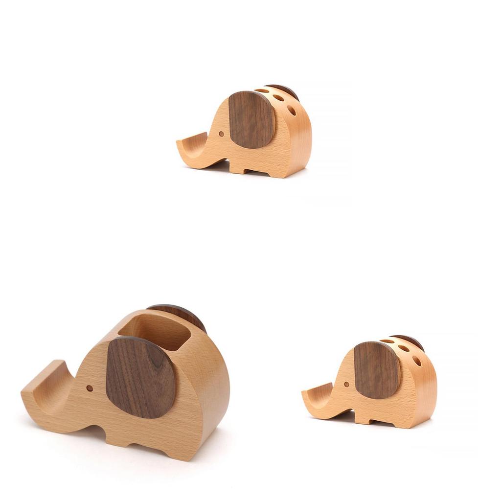 Modern Wooden Elephant Pen Holder With Phone Dock For Workspace And Bedroom