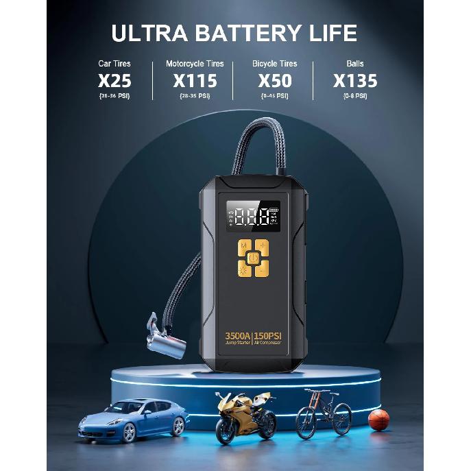 Jump Starter with Air Compressor 3500A Jump Starter 150PSI Air Pump Multifunctional Tire Inflator Power Bank Lighting for Car