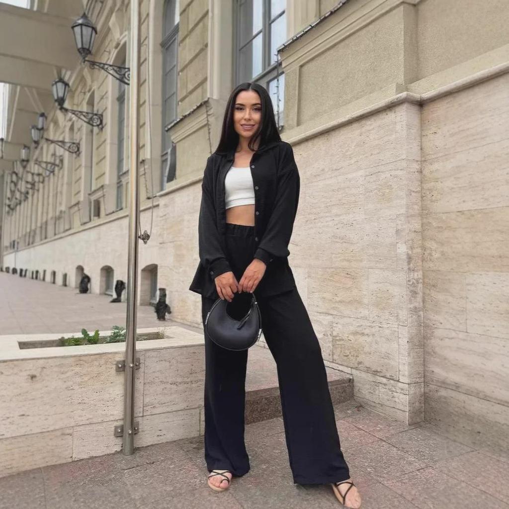 European & American Style Solid Color Lapel Long Sleeve Shirt with Casual Pants Two-Piece Set for Autumn 2025