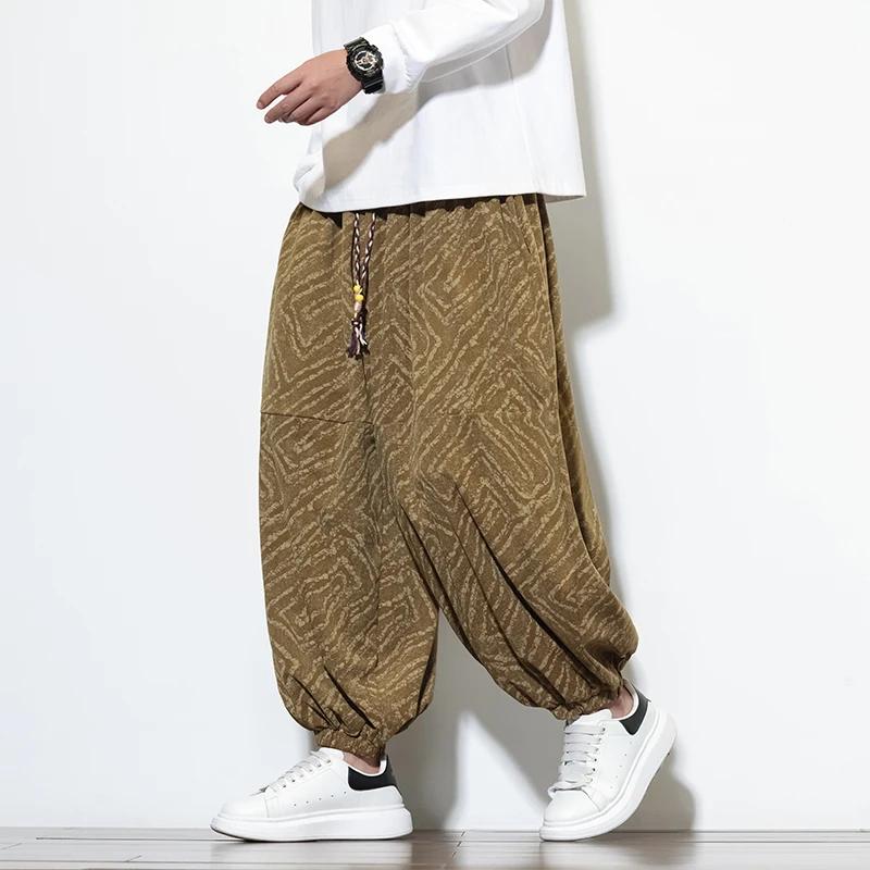 Autumn Winter Men Corduroy Harem Pants Men Loose Wide Leg Lantern Pants Chinese Print Casual Trousers Men