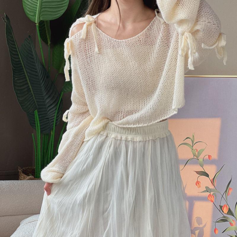 

Вязаный свитер с длинными рукавами и открытыми плечами с милым темпераментом и дизайном в корейском стиле, свободный топ L