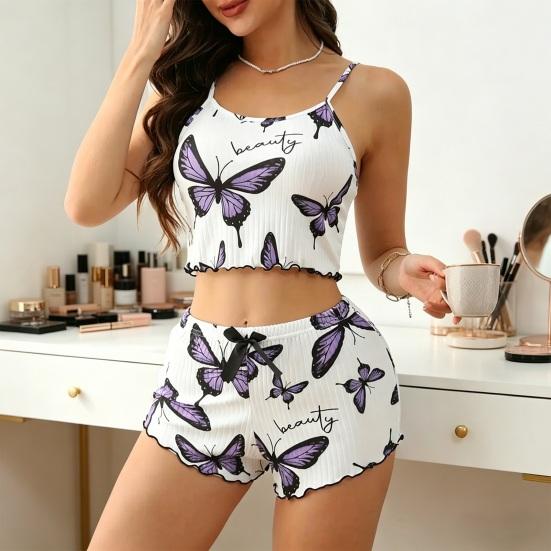 Women's Cami Pajama Set 2 Piece Ribbed Sleeveless Crop Top And Shorts Camisole Pjs Set Summer Cute Butterfly Print Sleepwear