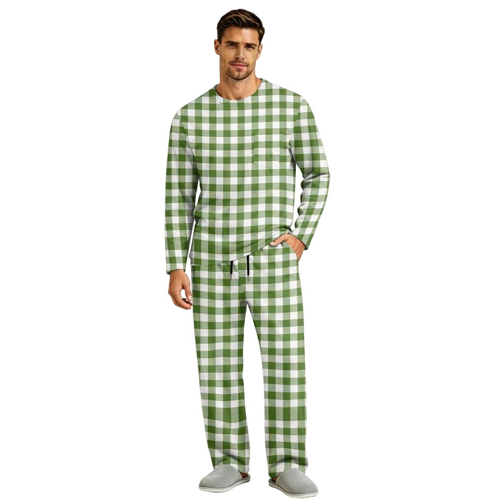 Men's Pajama Set Long Sleeve Top and Long Pants with Button Crotch and Elastic Drawstring Waist for Home Loungewear