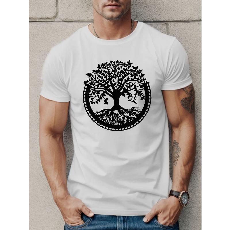 European Sizes [Tree Print T Shirt] Summer Casual Tree Print Short Sleeve T-Shirt - Tees For Men