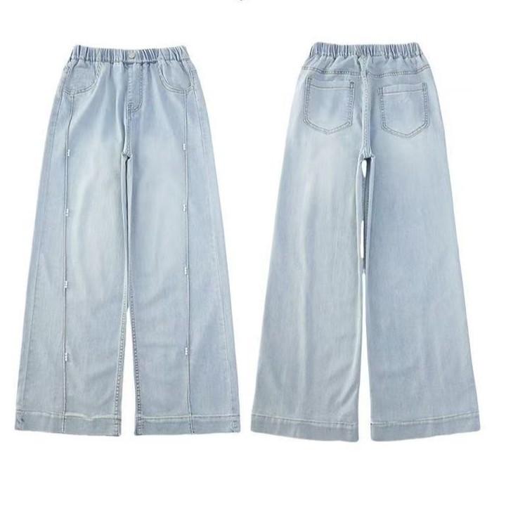 Girls' Jeans Summer Thin Pants Loose Tencel Nail Bead Sunscreen Splicing Straight Leg Wide Leg Pants