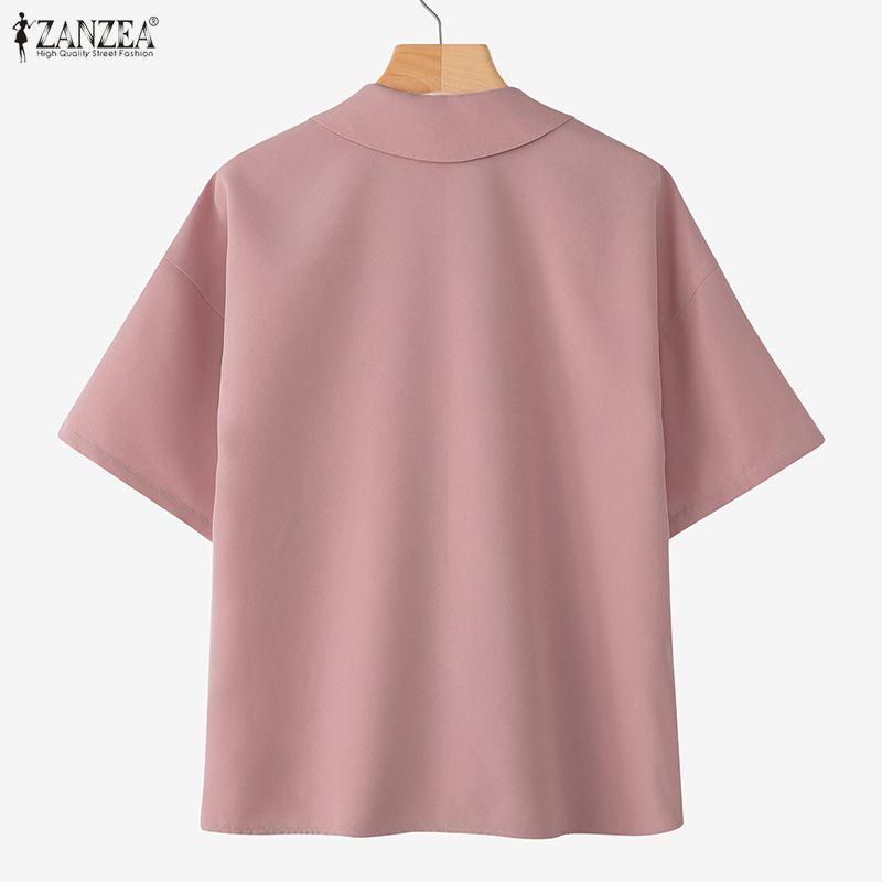 ZANZEA Women Casual Turn Down Collar Short Sleeve Loose Blouse