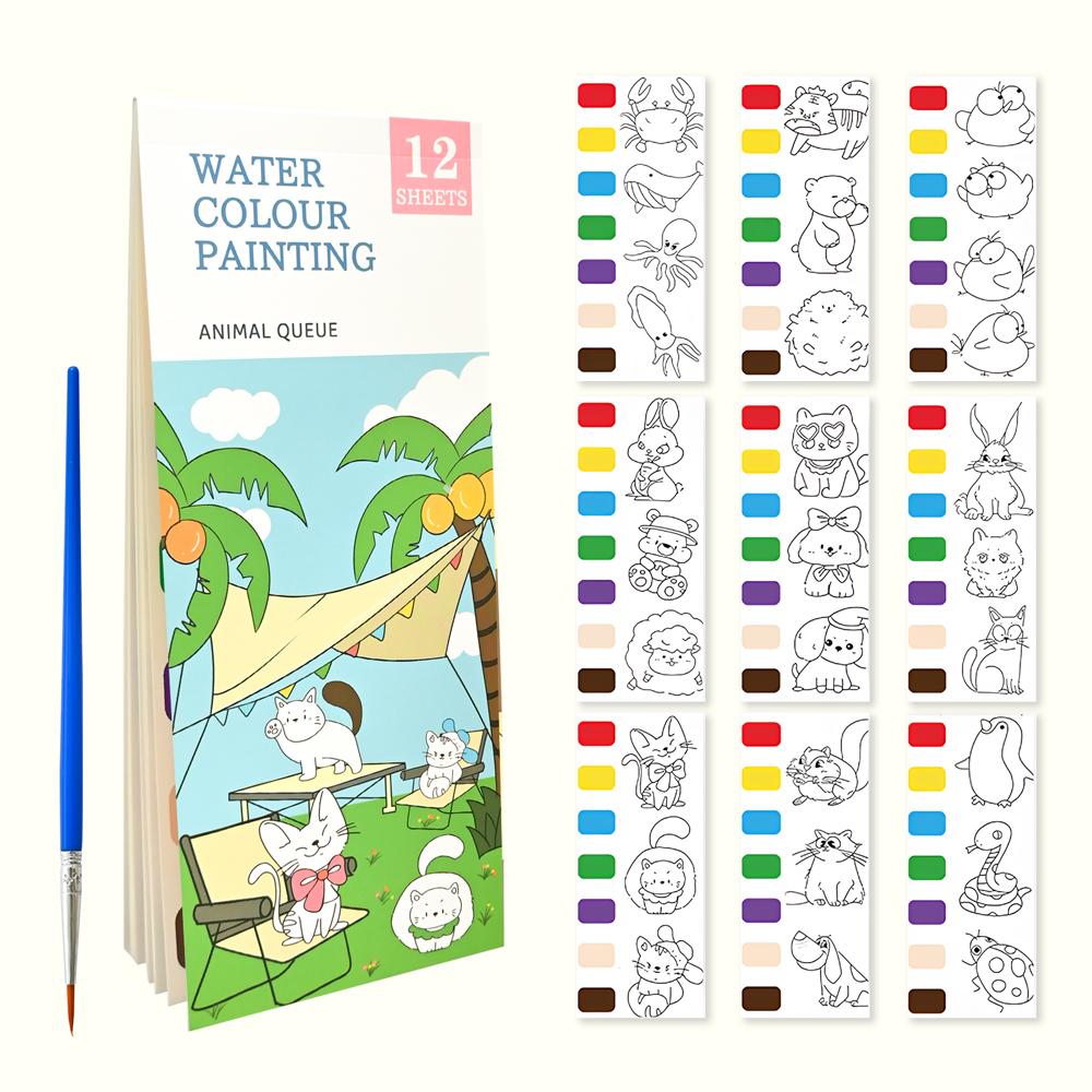 12pages Children's Watercolor Coloring Book Drawing Toys With Built-in Watercolor Pen For Birthday Christmas Boys Girls Gifts