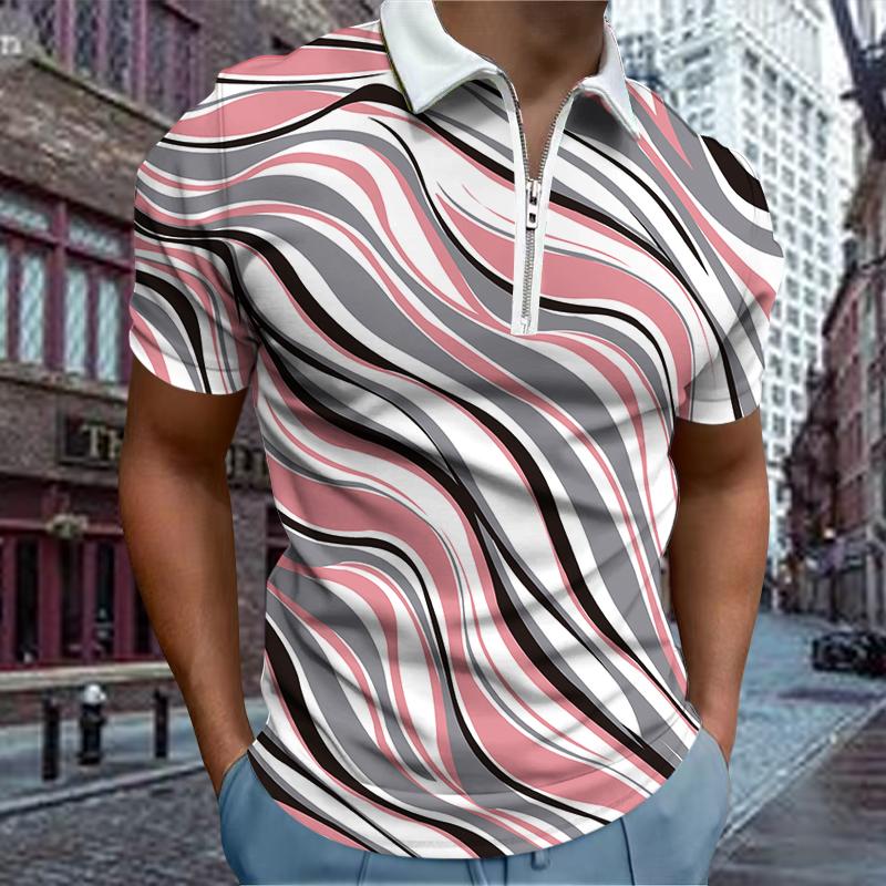 

Повседневная футболка с лацканами, молодежная модная футболка с застежкой-молнией, футболка с коротким рукавом, мужская футболка с трехцветным 3D-принтом 6XL розовый