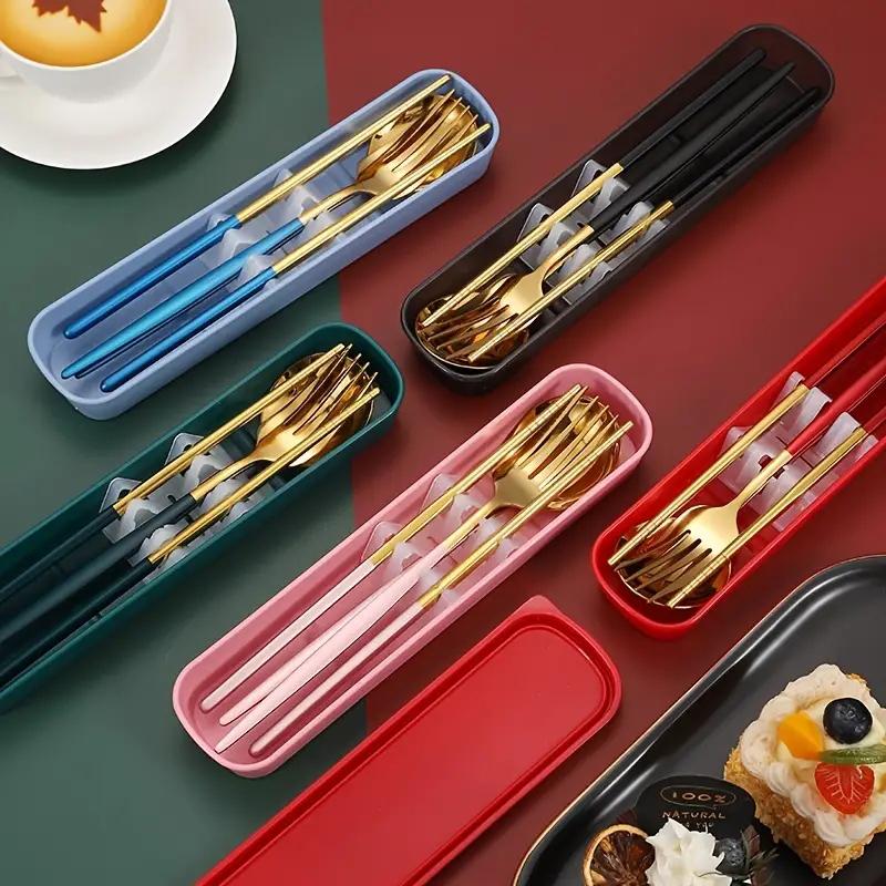 3pcs Thin Portuguese Portable Stainless Steel Cutlery Chopsticks, Forks, Spoons, Student Home Outdoor Picnic Tableware