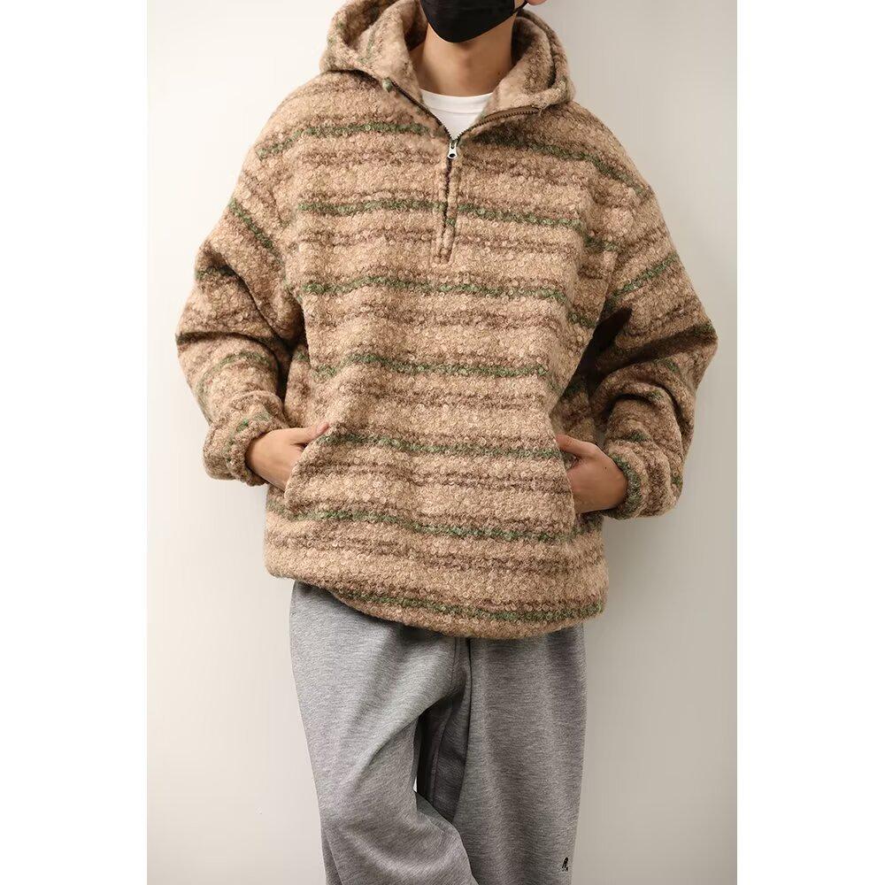 Men s American Retro Plaid Wool Knit Hoodie - Warm Autumn/Winter Outerwear, Trendy, Loose Fit 2XL (145-155 kg)