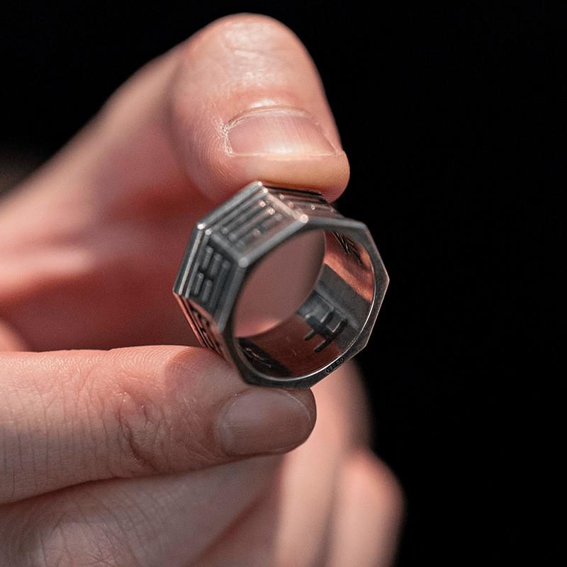 Adjustable Unisex Vintage-Inspired Silver-Plated Ring With Yin Yang Five Elements Motif Minimalist Boho Statement Jewelry
