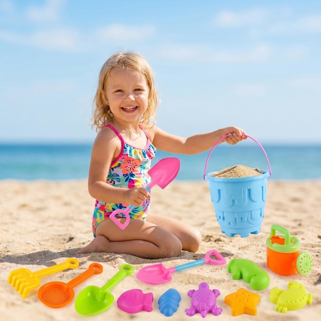 Beach Toy Set with Bucket Shovels Rake Watering Can Sand Sifter and Animal Molds for Outdoor Sand Play Activities Kids Water Games