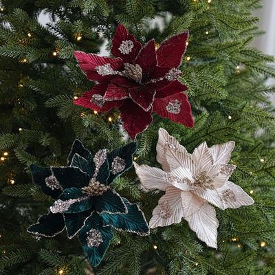 Glitter Coated Christmas Flowers Fleece Fabric Xmas Tree Pendant  Festive Home Ornament