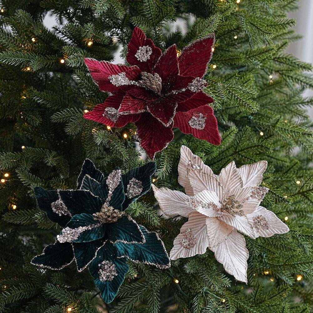 Fleece Fabric Christmas Flowers 25cm Xmas Tree Pendant Gold Glitter Flower Xmas Holiday Decor