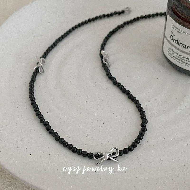 Cui Yan S925 Sterling Silver Korean Bow Knot Beaded Choker Necklace for Women