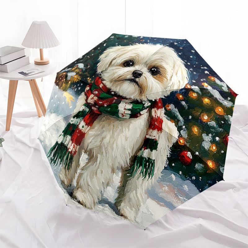 1 Stück Automatischer Faltregenschirm - Winter-Hundemuster, Tragbares & Faltbares Design mit 8 Speichen, Weihnachts-Geburtstagsgeschenke