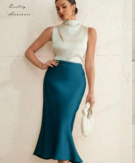 2025 Spring Women's Satin Slim Fishtail Skirt - Solid Color Medium Length