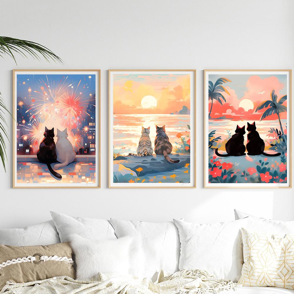 Valentinstag Geschenk Romantische Schöne Katze Paar Sonnenuntergang Strand Poster Leinwand Malerei Wand Kunst Druck Mama Geschenk für Zimmer Home Decor