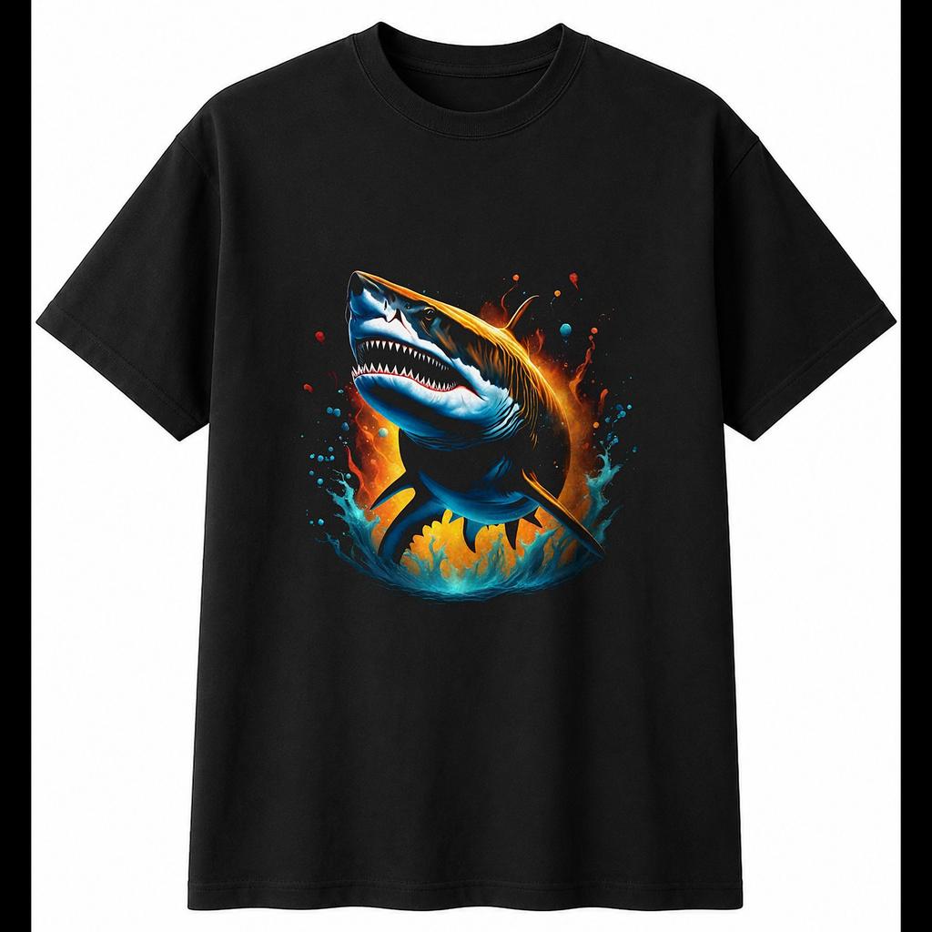 Airbrush Tiger Shark Mens T-Shirt Sea Ocean Black 100% Cotton Nature Graphic Tee