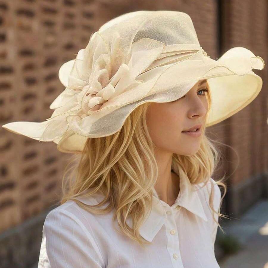 Eleganter Damen-Sonnenhut mit floralem transparentem Schleier, gewellter Rand, breite Krempe, Sommer-Outdoor-Hut